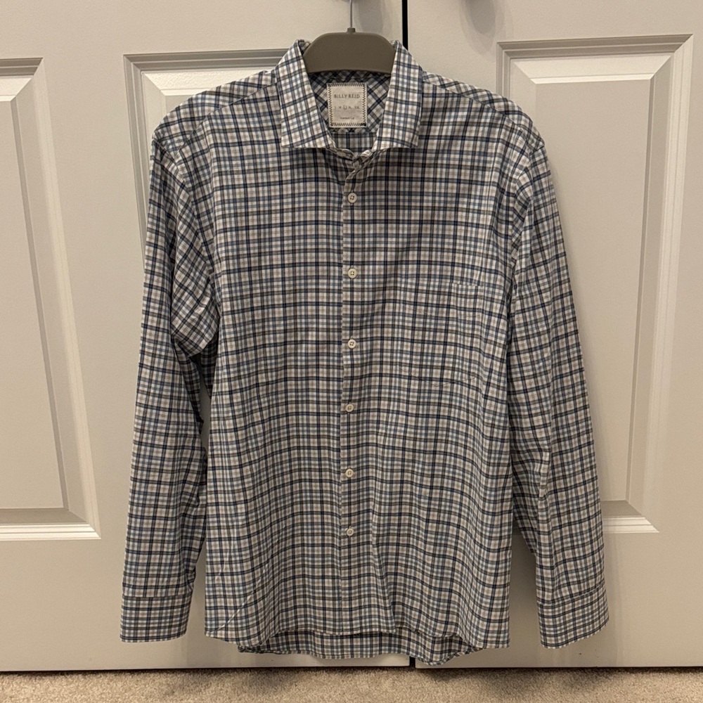 Billy Reid Men's Navy, white and Grey, light Blue Checkered button down